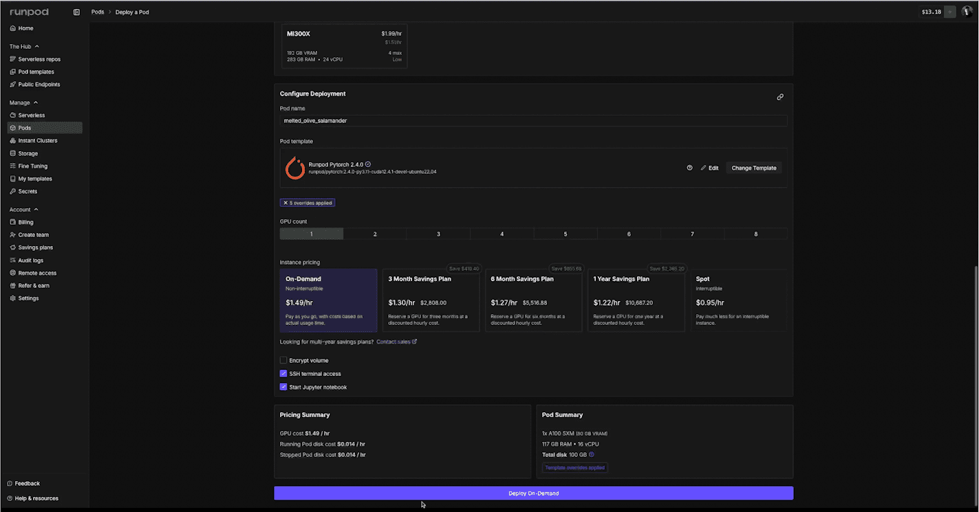 Launching an A100 GPU on RunPod